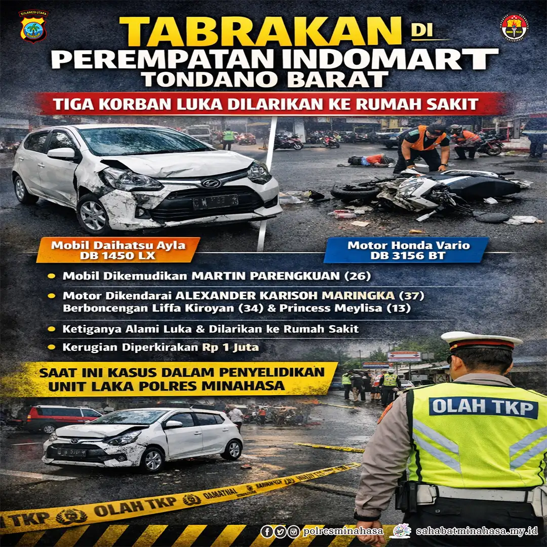 Tabrakan di Perempatan Indomart Wewelen Tondano Barat, Tiga Korban Luka Dilarikan ke Rumah Sakit